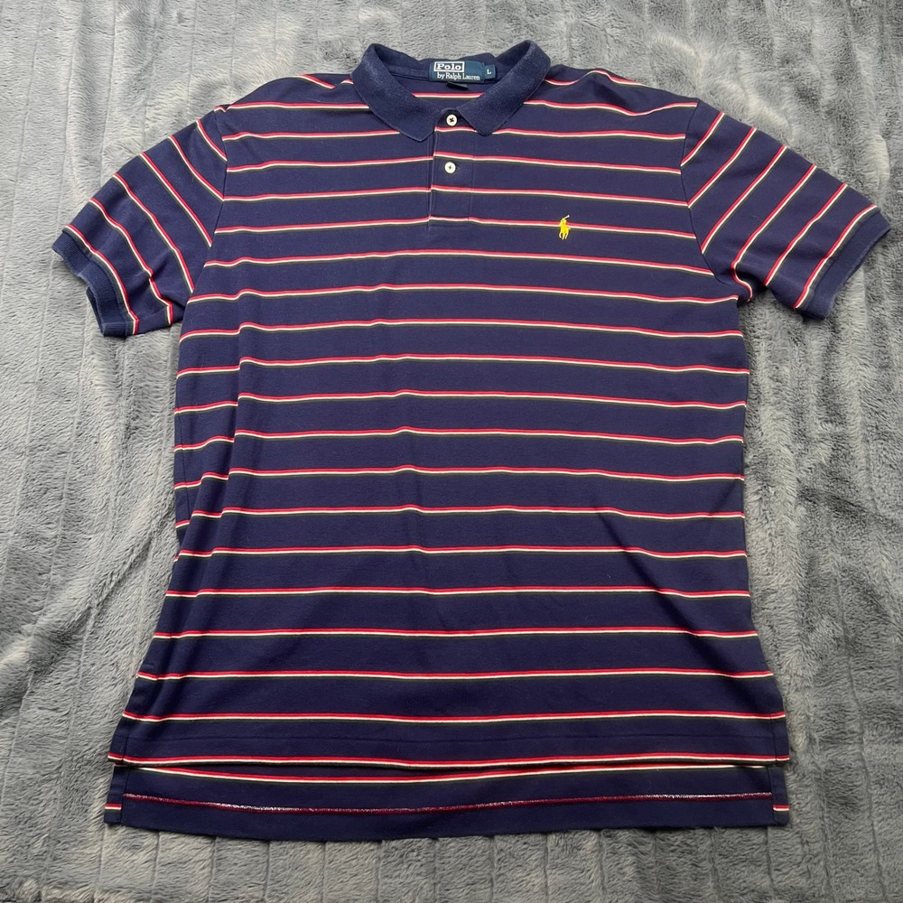 Polo Ralph Lauren Mens Large Navy Blue Striped Short Sleeve Polo Shirt 13438